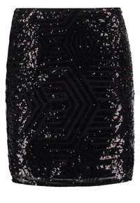 Gonna nera a vita alta in paillettes con un motivo geometrico, superficie testurizzata e forma aderente, adatta per l'abbigliamento serale.