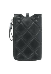 Black quilted faux leather pouch with diamond patterns, zip closure, top handle, and metal accents. Compact rectangular shape.