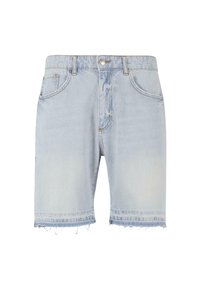 Világoskék farmer rövidnadrág, széles fodros szegéllyel, öt zsebbel és gombos záródással. Simaság jellemzi, finom megfakult részletekkel és varrásokkal.