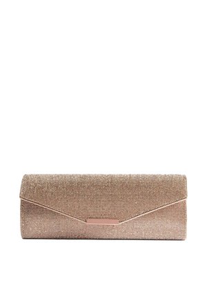 Metallische roségoldene Clutch mit einer strukturierten Oberfläche, im Umschlagdesign und schlanker Form. Mit einem roségoldenen Hardware-Element.