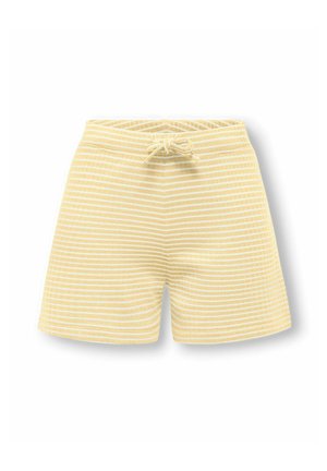 Geel-witte korte broek met horizontale strepen en een trekkoord in de taille, getoond op een witte achtergrond.