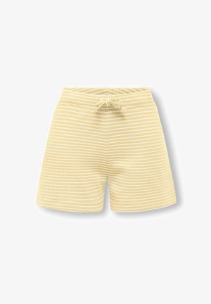 Geel-witte korte broek met horizontale strepen en een trekkoord in de taille, getoond op een witte achtergrond.