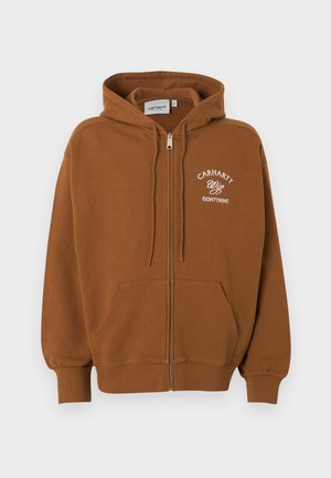 Brauner Kapuzenpullover mit Reißverschluss, Fronttaschen, Kapuze mit Kordelzug und weißem Text "Carhartt Wip Eightynine" auf der linken Brust.