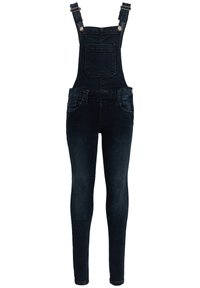 Mörkblå denimoverall med justerbara axelremmar, framficka, slim fit med avsmalnande ben och klassiska knapplås och dragkedja.