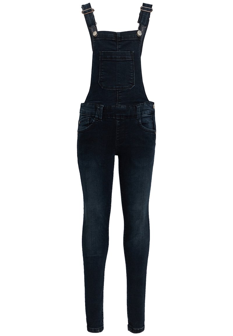 Mörkblå denimoverall med justerbara axelremmar, framficka, slim fit med avsmalnande ben och klassiska knapplås och dragkedja.