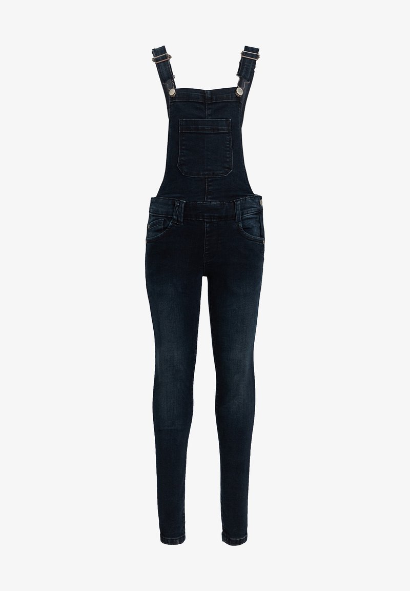 Salopette en denim bleu foncé avec des bretelles ajustables, poche frontale, jambes fuselées slim fit et fermetures à bouton et à zip classiques.