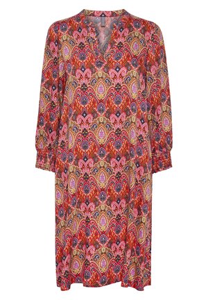 Rode jurk met lange mouwen en levendige paisley-patronen in roze, blauw en goud, met een V-hals en Gathered cuffs.