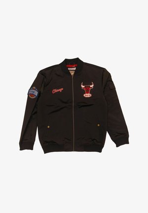 Black bomber jacket featuring embroidered Chicago Bulls logo and text, elastic cuffs, and a zip front with side pockets and accent detail.
