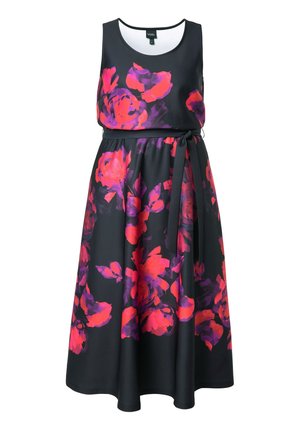 Schwarzes ärmelloses Kleid mit lebhaftem pinkem und lila Blumenmuster. Verfügt über eine taillierte Taille mit einem passenden Gürtel für verstellbare Größen.