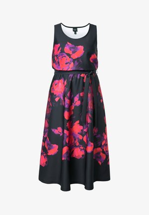 Schwarzes ärmelloses Kleid mit lebhaftem pinkem und lila Blumenmuster. Verfügt über eine taillierte Taille mit einem passenden Gürtel für verstellbare Größen.