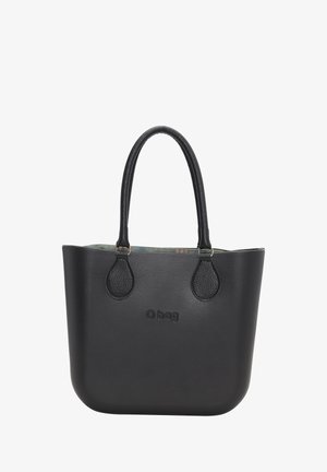 Borsa a spalla in pelle nera con forma arrotondata, manici di due texture diverse e un logo. L'interno presenta una fodera a fantasia colorata.