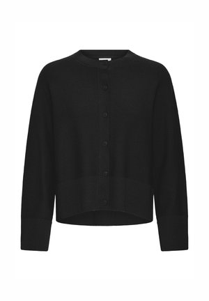 Melns trikotāžas džemperis ar apaļu kakla izgriezumu, pogām priekšpusē un ribota auduma aprocēm. Izceļas ar īsu dizainu un gludu tekstūru.