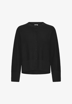 Melns trikotāžas džemperis ar apaļu kakla izgriezumu, pogām priekšpusē un ribota auduma aprocēm. Izceļas ar īsu dizainu un gludu tekstūru.