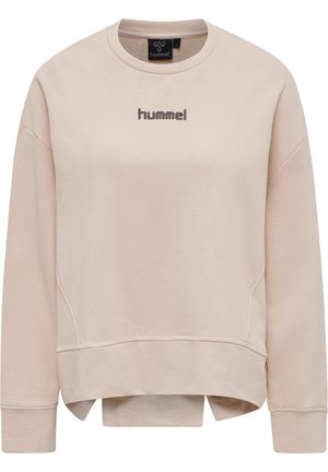 Lys beige sweatshirt med lange ærmer, rund halsudskæring og "hummel" logo broderet på brystet, med forlænget bagkant.