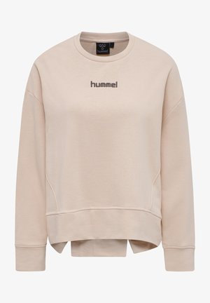 Lys beige sweatshirt med lange ærmer, rund halsudskæring og "hummel" logo broderet på brystet, med forlænget bagkant.
