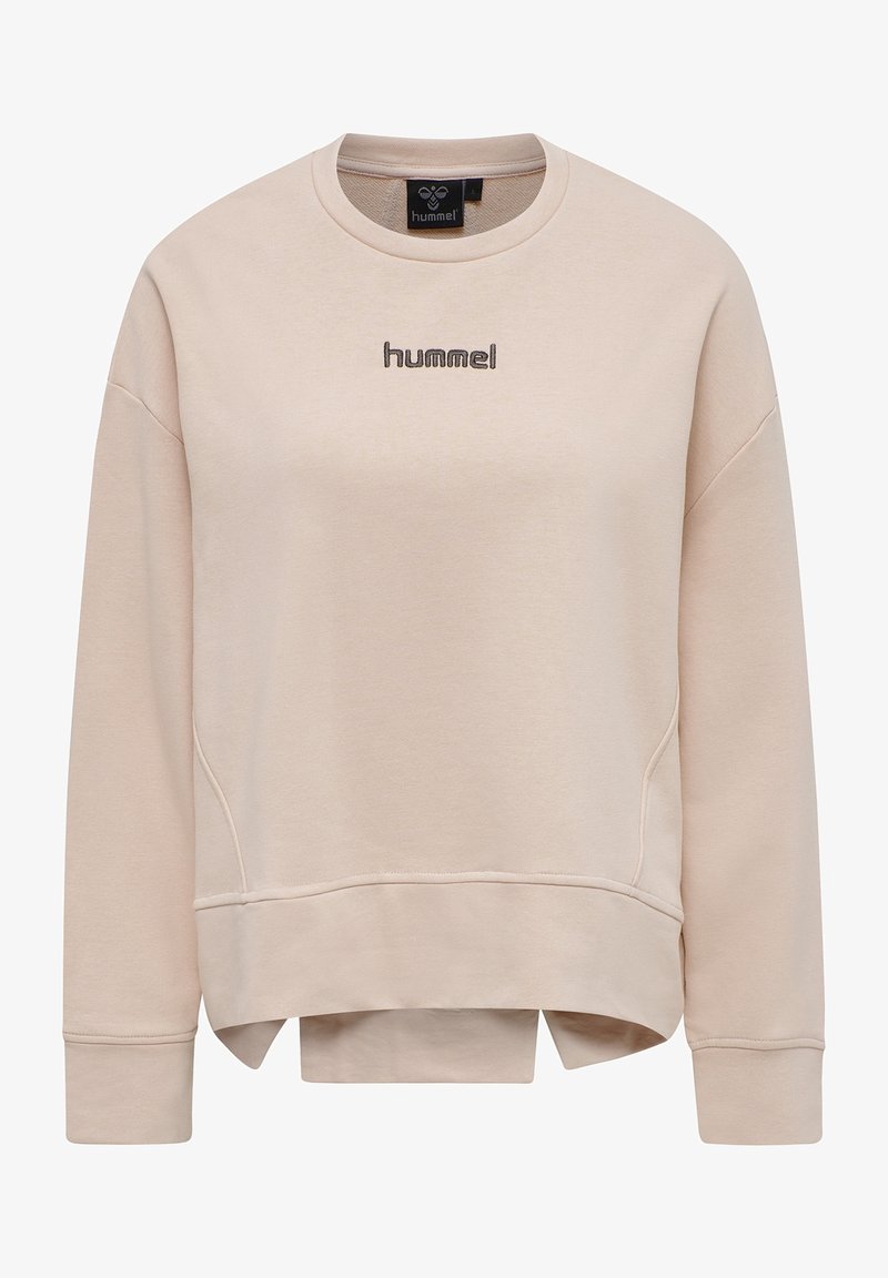 Sweat-shirt beige clair à manches longues, col rond et logo "hummel" brodé sur la poitrine, avec un ourlet arrière allongé.