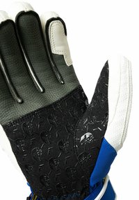 Black and green glove with textured palm, white accents, and a blue wrist strap. Features embossed skull pattern on palm area.