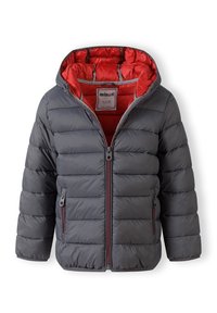 Gray puffer jacket with a zip closure and red interior. Features horizontal quilted pattern and side pockets with zipper accents.