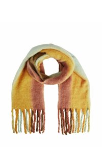 Écharpe en laine affichant des couleurs dégradées d'orange, de rose et de vert avec des bords à franges. Texture douce avec un drapé confortable.