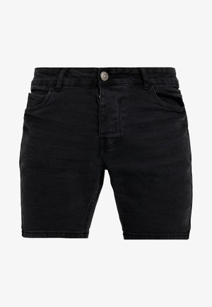 Schwarze Denim-Shorts mit vorderer Knopf- und Reißverschluss, Gürtelschlaufen und Fünf-Taschen-Design.