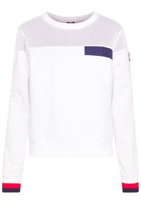 Biała bluza ze zdjęciem siateczkowym, ribbowe mankiety w kolorze czerwonym i granatowym oraz fioletowa naszywka z logo na klatce piersiowej. Klasyczny okrągły dekolt.