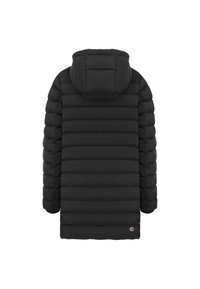 Black puffer jacket with a hood, featuring a quilted design and horizontal stitching. Includes a small logo at the lower back.