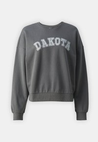 Šedá mikina s rebrovanými manžetami a spodným lemom, so vyšitým slovom "DAKOTA" v kontrastnej svetlej farbe cez prednú časť.