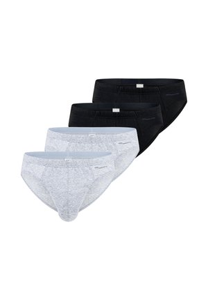 Vier Herren-Baumwollslips in Schwarz und Grau, in zwei Reihen auf weißem Hintergrund angeordnet.