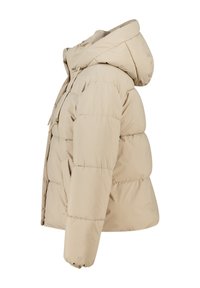 Giacca puffer beige con cappuccio, caratterizzata da un design trapuntato, polsini elastici e tasche laterali. Realizzata in materiale leggero e isolante.