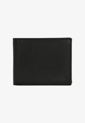 Mustast nahast rahakott, millel on sile tekstuur, ristkülikukujuline kuju ja õmbluste detailid servadel. Brändi logo on esiküljel reljeefne.