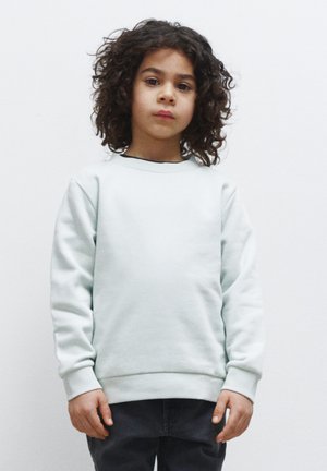 Lyseblå sweatshirt med rund hals og ribstrikkede manchetter, lavet af et blødt stof. Barnet står mod en ensfarvet hvid baggrund.