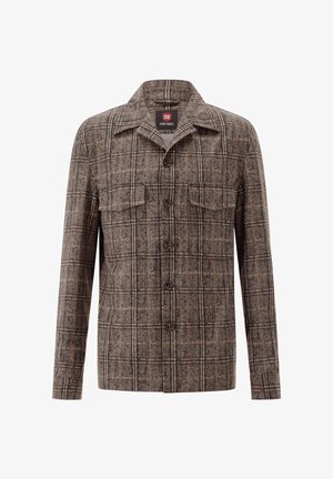Braun-graue karierte Hemdjacke mit zwei Brusttaschen und spitzem Kragen, langen Ärmeln und geradem Saum.