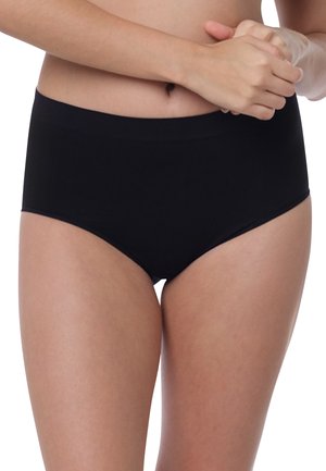 Black high-waisted underwear made of smooth fabric. Simple design with no visible seams, offering full coverage and comfort.