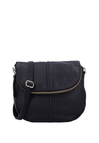 Musta nahkainen olkalaukku, jossa on kaareva läppä, kultainen vetoketjuyksityiskohta, säädettävä hihna ja teksturoitu pinta.