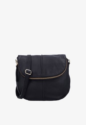 Schwarze Leder-Umhängetasche mit gewölbter Klappe, goldenem Reißverschlussdetail, verstellbarem Riemen und strukturierter Oberfläche.