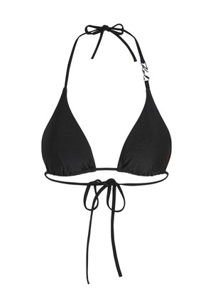 Black triangle bikini top made of smooth fabric. Features ties at the neck and back, with a subtle shine and minimalistic design.