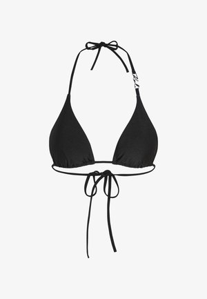 Svart trekantbikini topp laget av glatt stoff. Har bånd i nakken og på ryggen, med en subtil glans og minimalistisk design.