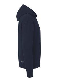 Hoodie bleu marine en tissu doux avec une poche kangourou et des poignets côtelés. Il présente une capuche avec cordon de serrage et un logo discret au niveau de l'ourlet.