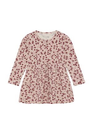 Baby-Kleid mit langen Ärmeln in cremefarbener Ausführung mit kleinem rot-rosa Blumenmuster und geraffter Taille.