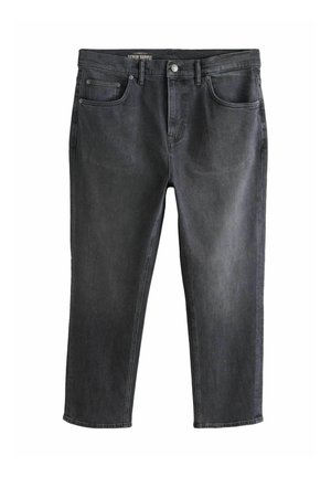 Černé džíny s rovnými nohavicemi, předními kapsami, poutky na pásek a zapínáním na knoflík, položeny na hladkém bílém pozadí.