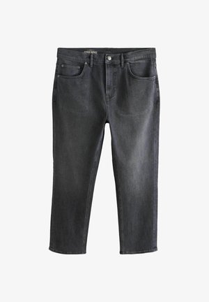 Černé džíny s rovnými nohavicemi, předními kapsami, poutky na pásek a zapínáním na knoflík, položeny na hladkém bílém pozadí.