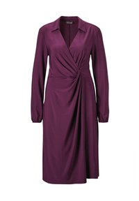 Lila Wickelkleid mit langen Ärmeln, Hemdkragen, gerafftem Taillendetail und fließendem Rock, aus weichem, glattem Stoff.