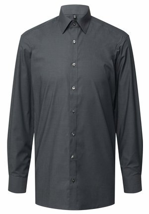Dark gray long-sleeve button-up shirt with a structured collar, front buttons, and a smooth texture. Tailored fit with full sleeves.
