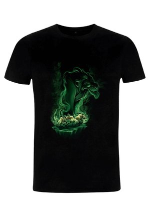 Black t-shirt featuring a green graphic of a lion's head and three smaller lions on a rock, showcasing bold colors and dynamic design elements.