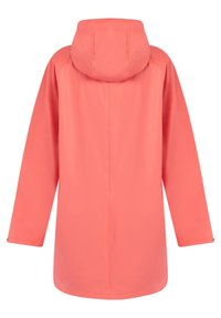Korall rózsaszín vízálló kapucnis esőkabát hosszú ujjakkal, látható varrás részletekkel és patent gombokkal az ujjak végén, hátulról bemutatva.