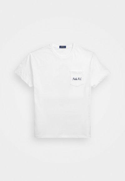 White cotton t-shirt with short sleeves, featuring a chest pocket and embroidered text "Polo RL" in navy blue. Simple, classic design.