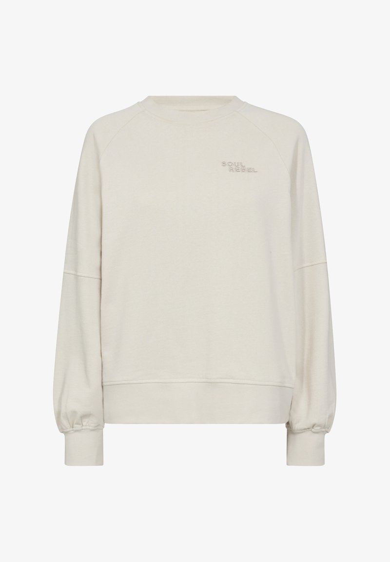 Crème-kleurige sweatshirt van zachte stof, met raglanmouwen en ingezette manchetten. Geborduurd "SOUL REBEL" logo in bijpassende draad.