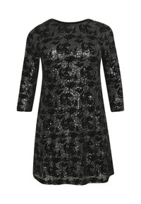 Robe en sequins noirs avec un motif floral, manches trois-quarts et encolure arrondie, présentant une coupe légèrement évasée au niveau de l'ourlet.