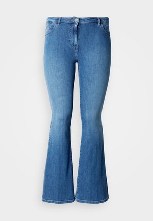 Blaue High-Waist-Denim-Jeans mit ausgestellten Beinen, Vorderknopf, Reißverschluss und Taschen vorne und hinten.