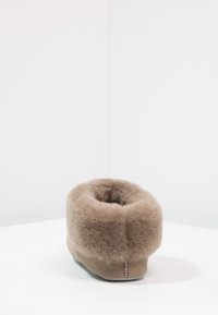 Brown wool slipper with a soft, fuzzy texture, rounded shape, and a low heel. Has a stitched accent at the back and a plush cuff.